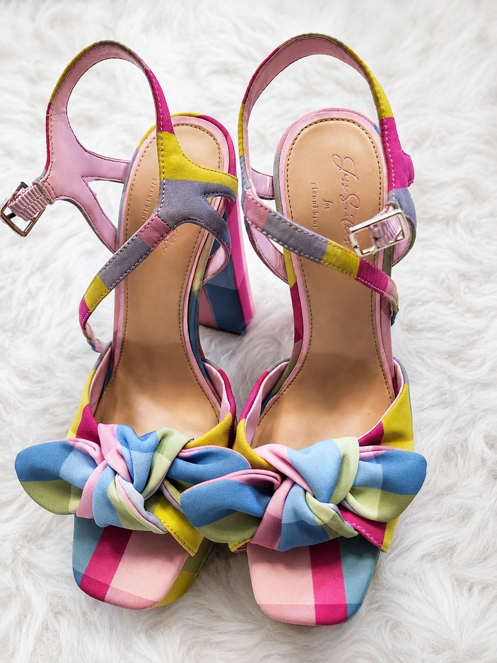 Gianni Bini Multicolor Plaid Bow Platform Block Heel Sandals - Women Size 9